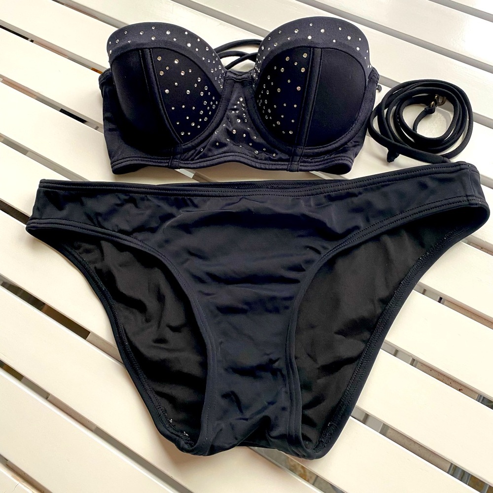 Victoria’s Secret Black Bandeau Bikini with Jewel Accents Sz S 32A